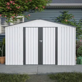 10X8 FT Outdoor Storage Shed, All Weather Metal Sheds with Metal Foundation & Lockable Doors, Tool Shed for Garden, Patio, Backyard, Lawn, Grey