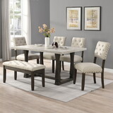 6 Person Dining Table Set, 60 inch Kitchen Table Set for 6 People,4 Chairs with Backrest,2-Person Tufted Seat Bench, Grey Tabletop