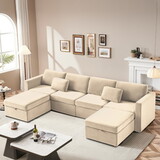 Modern Velvet U-Shape Sectional Sofa, Oversized Upholstery Sectional Sofa, Chaise Couch with Storage Ottomans for Living Room/Loft/Apartment/Office - White 6 seats