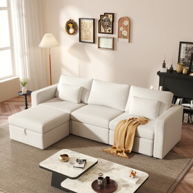 Modern Cotton Linen L-Shape Sectional Sofa, Oversized Upholstery Sectional Sofa, Chaise Couch with Storage Ottomans for Living Room/Loft/Apartment/Office - White 4 seats