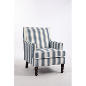 Upholstered Accent Chair, Vintage Armchair with Blue and White Striped Linen Fabric and Nailhead Trim for Living Room W2530P174775