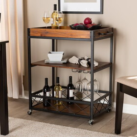 32.6" Tall Industrial Style Rolling Kitchen Island Wine Cart with Black Finished, Fir Wood Mobile Metal Wine Bar Cart with Glass Rack, Oak Brown W2557P180163