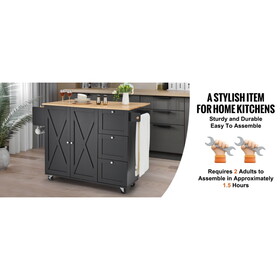 45.4" Farmhouse Black Rolling Kitchen Cart on Wheels with Storage Cabinet, Mobile Kitchen Island cart with Drop Leaf Top, Spice Rack, Towel Bar, Adjustable Shelf, Drawers and Hooks W2557P180166