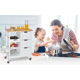 Rolling Portable Small Kitchen Island Cart on Wheels with Solid Wood Top, Dining Room Serving Utility Carts Mobile Movable with 3 Drawers and Storage Shelves Cabinet, White W2557P180169