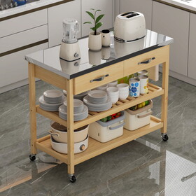 Stainless Steel Countertop Solid Wood Kitchen Cart with Storage Drawers and Shelves, Rotatable Kitchen Island with Steel Table Top and Tower Rack, Rolling Utility Trolley Cart for Kitchen and Dining