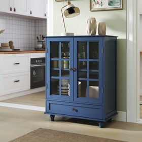 Minimalist Blue Buffet Cabinet with Double Glass Doors and Drawer, Modern Wooden Storage Sideboard Cupboard for Living room, Dining Room Hallway Entryway(Vintage Blue)
