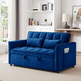 55.1-inch 3-in-1 convertible sofa bed, modern velvet double sofa Futon sofa bed with adjustable back, storage bag and pillow, for living room, bedroom (blue) W2564P165553