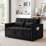 55.1-inch 3-in-1 convertible sofa bed, modern velvet double sofa Futon sofa bed with adjustable back, storage bag and pillow, for living room, bedroom (black)