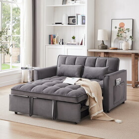 55.1-inch 3-in-1 convertible sofa bed, modern velvet double sofa Futon sofa bed with adjustable back, storage bag and pillow, for living room, bedroom (dark grey)
