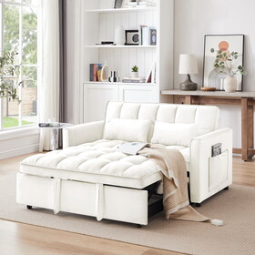 55.1-inch 3-in-1 convertible sofa bed, modern velvet double sofa Futon sofa bed with adjustable back, storage bag and pillow, for living room, bedroom (Off white) W2564P206921