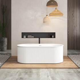 67" Acrylic Freestanding Bathtub-Acrylic Soaking Tubs, Fluted style-Gloss White Freestanding Bathtub with Integrated Slotted Overflow and Brushed Nickel Toe-tap Drain, 02149-BN