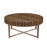 Modern Handcraft Drum Coffee Table 31.5 inch Round Coffee Table for Living Room,Small Coffee Table with Sturdy Pedestal,Walnut