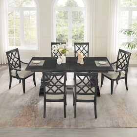 (1 Table+6 Chairs)Retro 102.01 inch Extendable 7 PCS Wooden Dining Table Set for 6 Persons,Curved Dining Table,Modern Large Kitchen Table and Upholstered Dining Chairs for Living Room,Restaurant