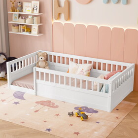 Twin Floor Bed Frame with Fence, Wood Kids Floor Beds Frame for Bedroom Playroom,White(Expect arrive date Jun. 21st)