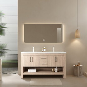 LUCCI 60" Bathroom Vanity with 2 Sinks, Freestanding Plywood Storage Cabinet with 2 Drawers, 4 Doors and an Open Shelf, White Acrylic Integrated Basin without Faucet, Pre-assembled, Light Oak