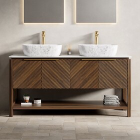 INDIGO 60" Bathroom Vanity&Sinks, Freestanding Plywood Cabinet with 4 Diagonal Striped Doors&Open Shelf, 2 Marble Pattern Ceramic Basins&Carrara White Top, Dark Walnut Woodgrain