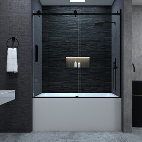 60 in. W x 60 in. H Sliding Semi-Frameless Tub Door in Matte Black Finish with Clear Glass W2619P184779