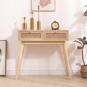 Side table with two real rattan drawers, solid wood table legs,can be used in the dining room, living room,bedroom,entrance,natural W2629P176844