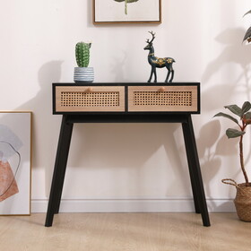 Side table with two real rattan drawers, solid wood table legs,can be used in the dining room, living room,bedroom,entrance,black W2629P176847