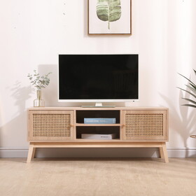 SUPERJARE Boho TV Stand for 55 inch TV, Entertainment Center with Adjustable Shelf,Real Rattan TV Console with 2 Cabinets, Media Console, Solid Wood Feet, 2 Cord Holes, for Living Room - Natural