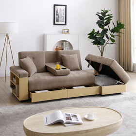 Convertible Sleeper Sofa Couch,Multifunctional Double Folding Sofa Bed,Storage Ottoman and Sofa arm with box and drawer, Drop Down Table with 2Cup Holders for Living room,Apartment,Office,Light Brown