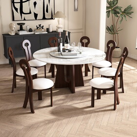 Modern Marble Dining Table, 59" Sintered Stone Round Dining Table with Solid Wood Walnut Base, Sturdy Cross Design for 6-8 People-Walnut (with 8 Chairs) W2700S00014
