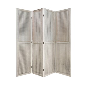4 Panel Room Divider, 5.6ft Pegboard Display Wooden Room Divider Folding Privacy Screen Room Divider Freestanding Peg Board Display for Trade Show Craft Show Home Wall Organizer, Natural Wood