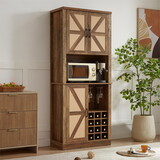 76-inch Tall Rustic Oak Color Farmhouse Kitchen Faux Rattan Wine Cabinet, Kitchen Bar Cabinet with Square Compartments, Large Wooden Faux Rattan Storage Cabinet with Barn Doors and Microwave Shelves
