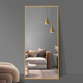 65*24 inch Floor Mirror Full Length Mirror Ultra Thin Aluminum Alloy Frame Modern Style Standing/Hanging Mirror Wall Mounted Mirror--Gold W2709P178846