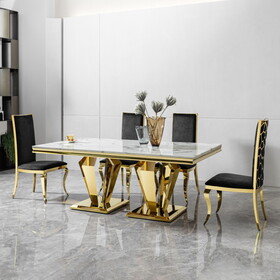 Dining Table for 6 or 8, Rectangular 78.74" L x 39.37" W x 29.92" H Gold Polished Stainless Steel Base MDF Marble Top W2723S00008