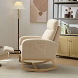 Modern Accent Rocking Chair Rocking Chair with Solid Wood Legs, Upholstered Nursery Glider Rocker, Comfy Armchair with Side Pocket, Living Room Lounge Arm Chair with High Backrest Teddy