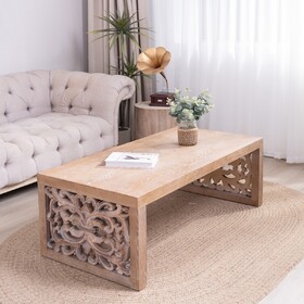 47.2" Rustic Carved Wood Coffee Table - Handcrafted Look with Ornate Side Panels, Natural Finish W2729P298156
