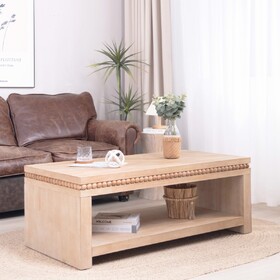 Modern Wood Coffee Table with Beaded Trim - 47" Rectangular Coffee Table with Open Storage Shelf, Light Natural Finish - Farmhouse & Coastal Living Room Furniture