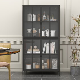 Premium Black Metal Storage Cabinet with Tempered Glass Doors, Adjustable Shelves, Anti-Tipping Device, Magnetic Silent Closure, and Adjustable Feet for Home and Office Use W2735P186334