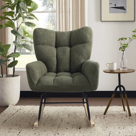 Teddy Fabric Rocking Chair, Upholstered Rocker Armchair with High Backrest, Modern Rocking Accent Chair for Nursery, Living Room, Bedroom, Olive Green P-W2740P186698