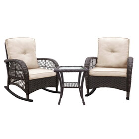 3 Pieces Conversation Set, Outdoor Wicker Rocker Patio Bistro Set, Rocking Chair with Glass Top Side Table W2749P185869