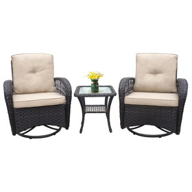 3 Pieces Conversation Set, Outdoor Wicker Rocker Swivel Patio Bistro Set, Rocking Chair with Glass Top Side Table,Khaki