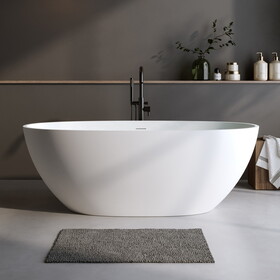 59" Solid Surface Matte Tub, Solid Surface Soaking Tub, Stone Resin Freestanding Bathtub, Thick Edge Stand Alone Tubs with Overflow, Pop-up Drain, Matte White (Oval) W2753P191209