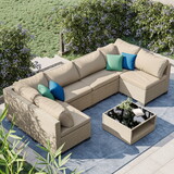 7-Piece Patio Furniture Set, All-Weather Boho Outdoor Conversation Set Sectional Sofa with Water Resistant Grey Thick Cushions W2775S00001