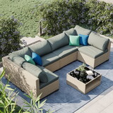 7-Piece Patio Furniture Set, All-Weather Boho Outdoor Conversation Set Sectional Sofa with Water Resistant Grey Thick Cushions W2775S00001 W2775S00001