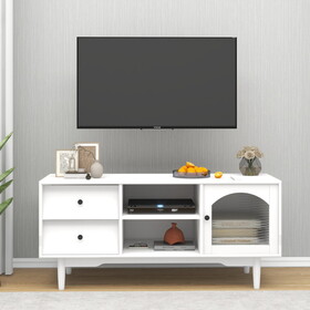 Living Room White TV Stand with Drawers and Open Shelves, a Cabinet with Glass Doors for Storage W28265031