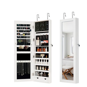 Mirror Jewelry Cabinet, 47.2 inch Large Capacity Lockable Jewelry Armoire Organizer, Wall or Door Mounted Mirror with Jewelry Storage-White W282P156780