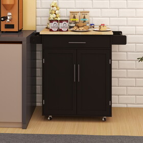 Kitchen island rolling trolley cart with 1 drawer & 2 doors with Adjustable Shelves & towel rack & seasoning rack rubber wood table top - Black W282P184187