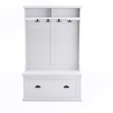 Entryway hall tree with coat rack 4 hooks and storage bench shoe cabinet white W282S00054