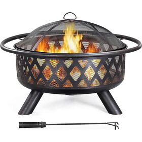 Fire Pit 36in Outdoor Wood Burning Fire Pits Wood Large Fire Bowl for Outside BBQ Bonfire Patio with Mesh Spark Screen, Poker and Rain Cover W2837P197807