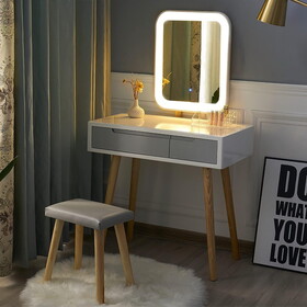 Vanity Table Set with Adjustable Brightness Mirror and Cushioned Stool, Dressing Table Vanity Makeup Table with Free Make-up Organizer W2837P197837