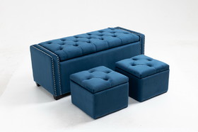 Set of 3 47.5" Wide Upholstered Storage Ottoman with Tufted Top and Solid Wood Legs Teal