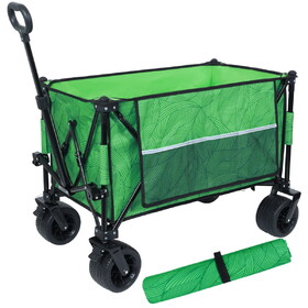 Heavy-Duty 480lbs Folding Wagon Cart with Bonus Picnic Mat - All-Terrain Beach Wheels, Drink Holders, Brakes & Side Pocket for Camping, Garden, Sports, green line W2932P283538