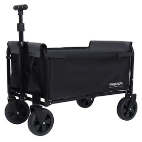 All-in-One Convertible Folding Camping Wagon Cart: Bench Seat, Storage Compartment & Included Dog Tether, Black/Gray