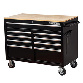 Extra-Deep 46in 9-Drawers Rolling Tool Chest, Mobile Tool Storage Cabinet/Work Bench with Wooden Top/Power Strip, Equipped with Casters, Handle, Liner, and Locking System, 1200 lbs Capacity